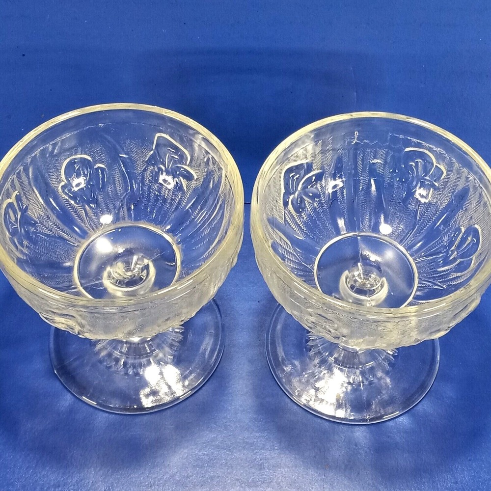 2 Jeannette Herringbone and Iris Champagne Tall Sherbets Clear Depression Glass